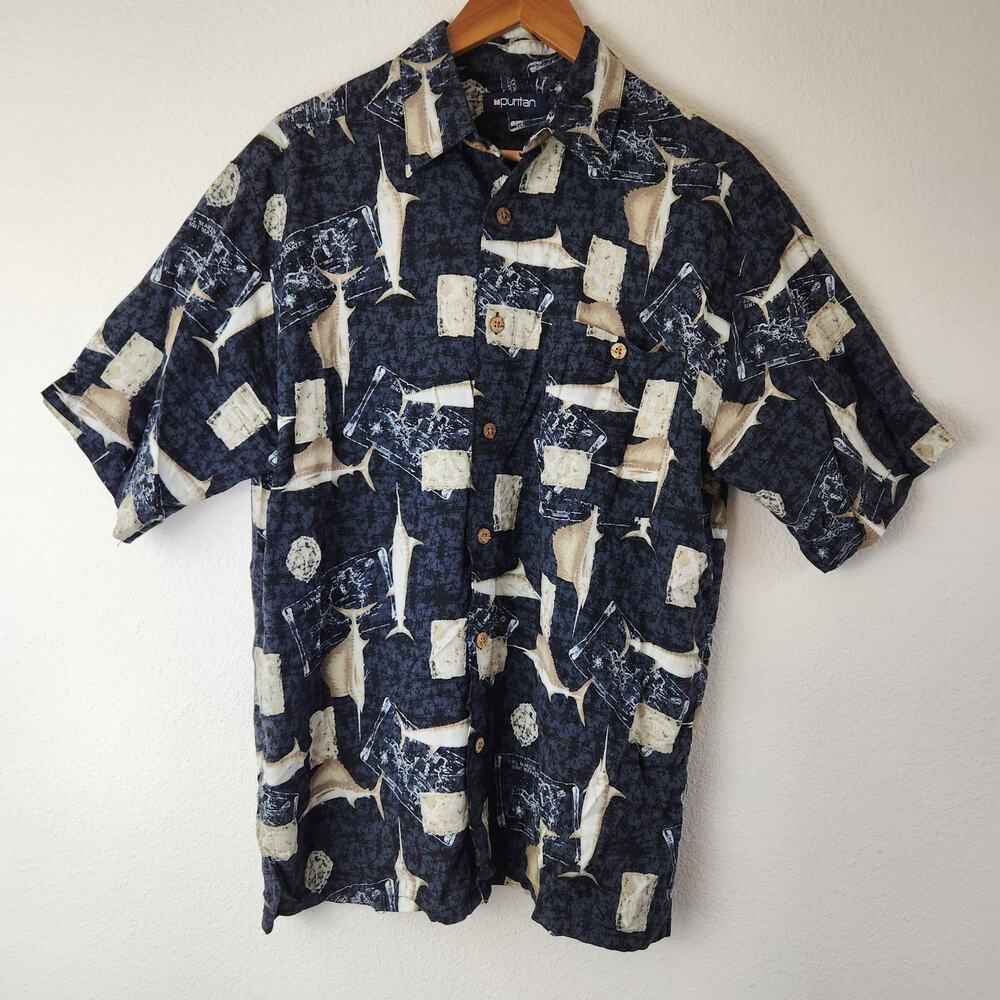 Puritan Men's Size Medium Hawaiian Fishing Button Front Short Sleeve